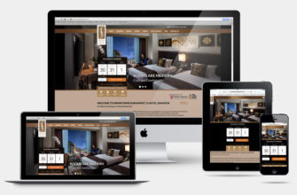 Отельский сайт, адаптивный дизайн, показан на ноутбуке, планшете и смартфоне.