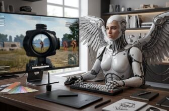 Дизайнерское рабочее место, где на мониторе запущен PUBG