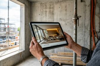 realistic POV shot of a designer’s workspace on a construction site