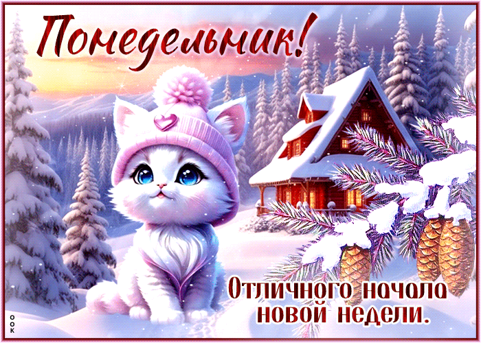 Анимированная открытка с милым котенком в шапке, желающим отличного начала новой недели, на фоне заснеженного пейзажа.