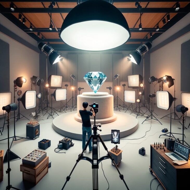 фотограф делает снимок большого алмаза в профессиональной студии