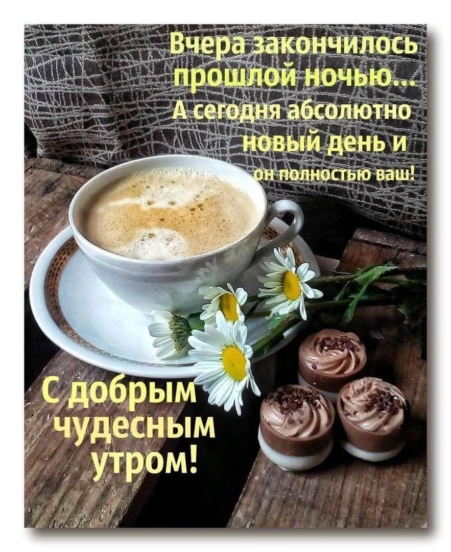 Кофе, цветы и шоколадные конфеты на подносе с пожеланием С добрым утром на русском языке.