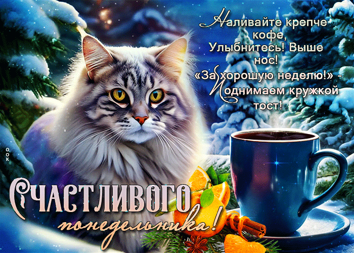 Открытка с изображением пушистого кота и чашки кофе на фоне зимнего пейзажа с надписью Частливого понедельника!