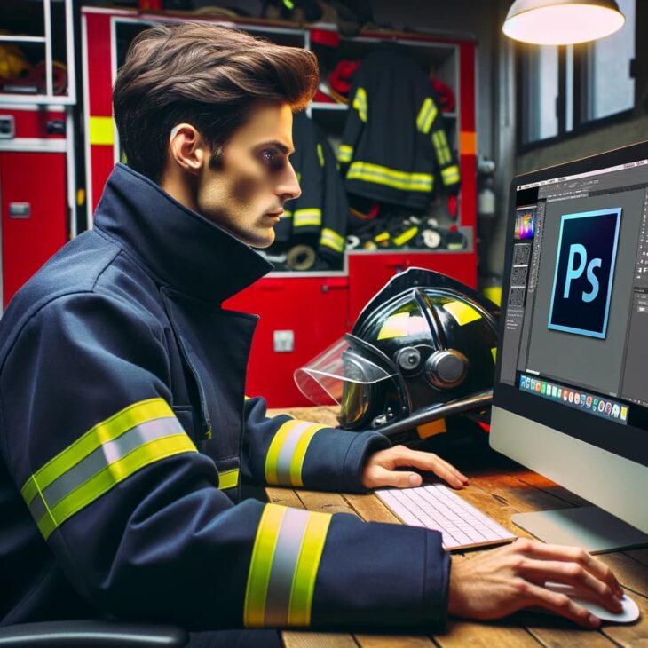 пожарный дизайнер работает в Photoshop на фоне пожарного оборудования