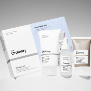 The Ordinary skincare products set with packaging.