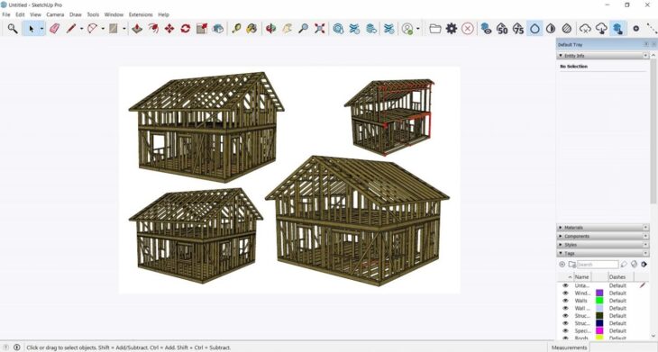 Деревянные каркасные конструкции домов в программе 3D моделирования SketchUp.