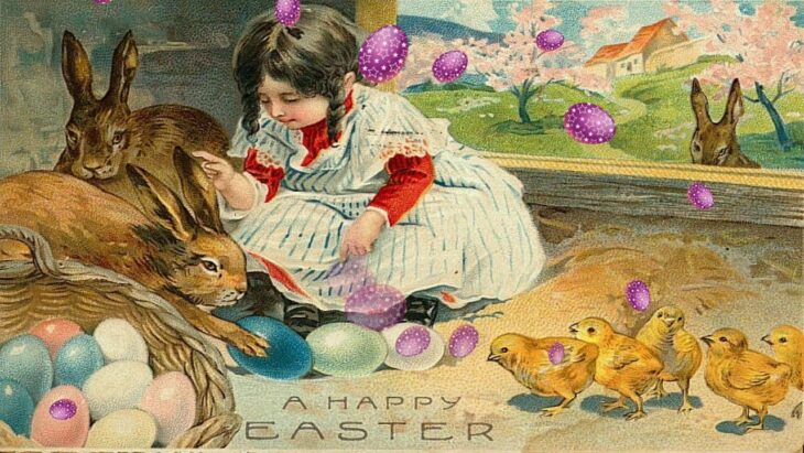 девочка играет с зайцем около пасхальных яиц с надписью Счастливой Пасхи
