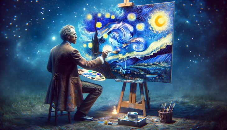 Художник рисует ночное звездное небо на холсте