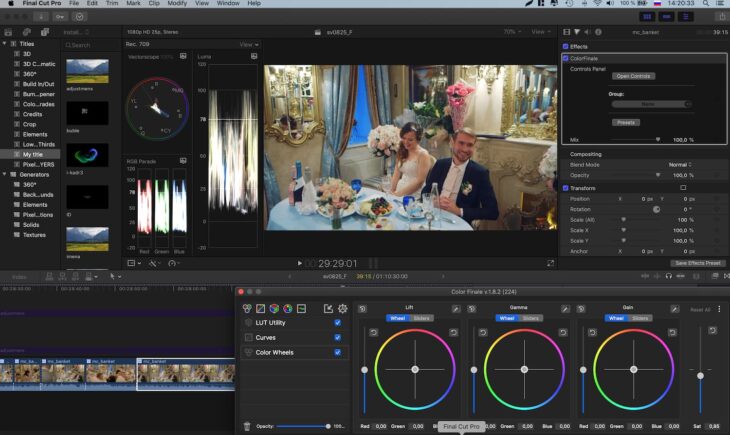 интерфейс редактирования видео с цветокоррекцией свадебной церемонии