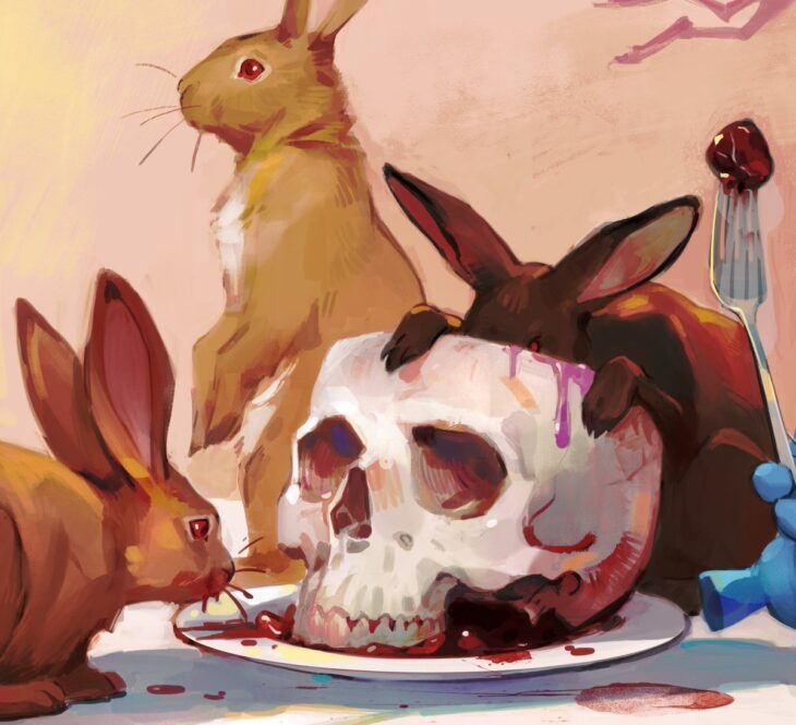 кролики рядом с человеческим черепом на тарелке