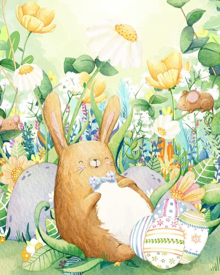 милый заяц с пасхальными яйцами в весеннем цветочном поле