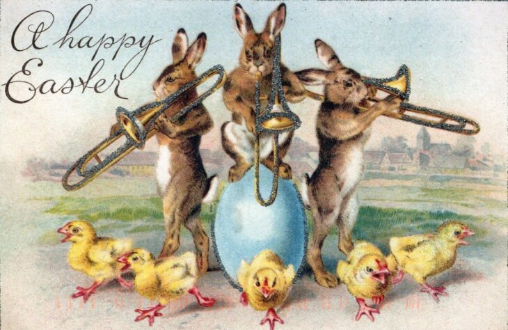 пасхальная открытка с кроликами и цыплятами