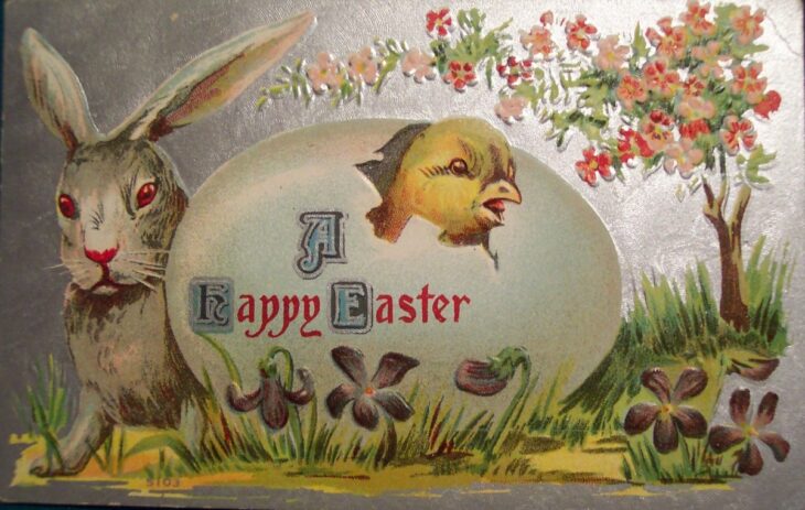 Пасхальная открытка с зайцем и цыпленком