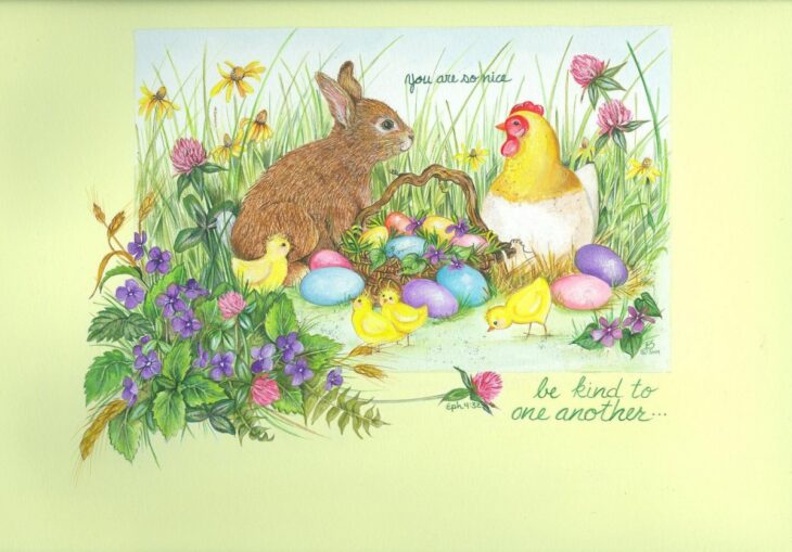 пасхальная открытка с зайцем и курочкой
