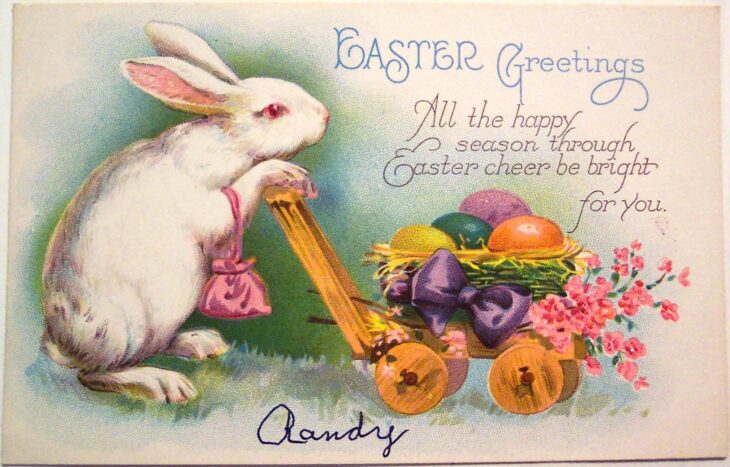 Пасхальная открытка с зайцем и яйцами