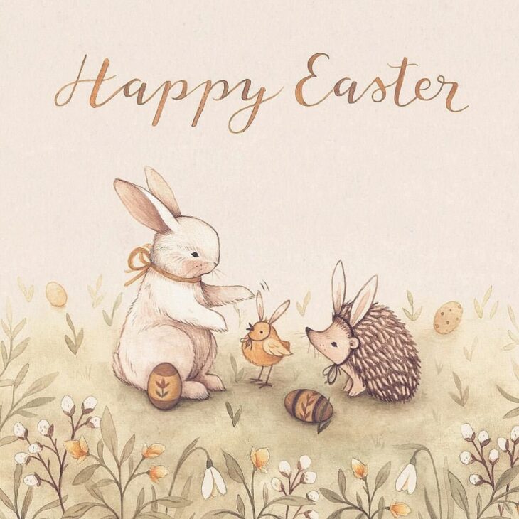 пасхальное поздравительное изображение с зайцем и ежом