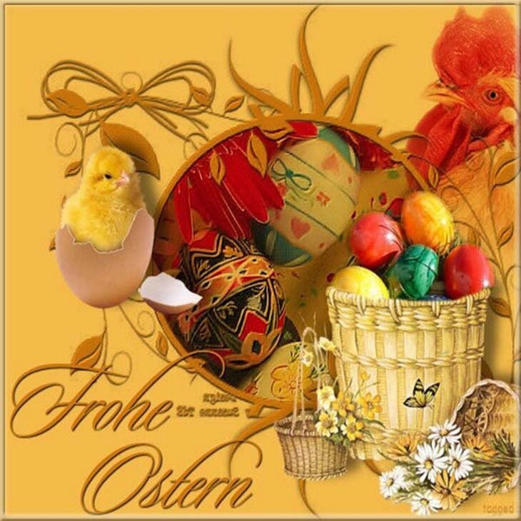 Пасхальное поздравление с цыпленком и яйцами