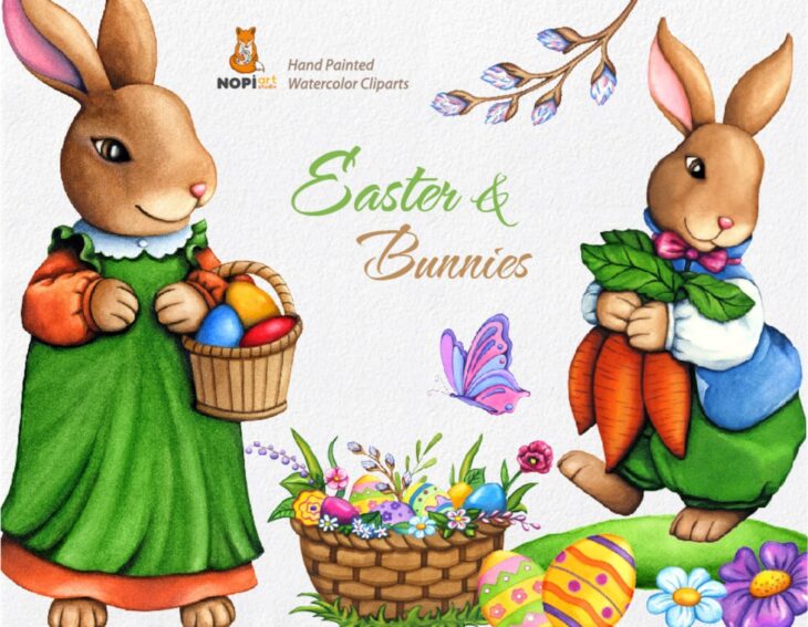 Пасхальные кролики с яйцами и весенние цветы акварельная иллюстрация