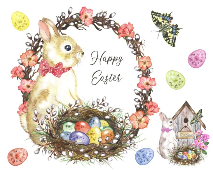 пасхальный кролик с яйцами и цветами поздравительная открытка