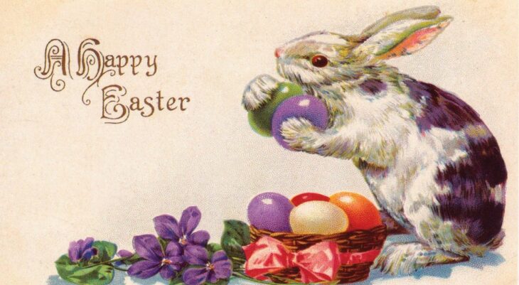 Пасхальный открытка с зайцем и яйцами