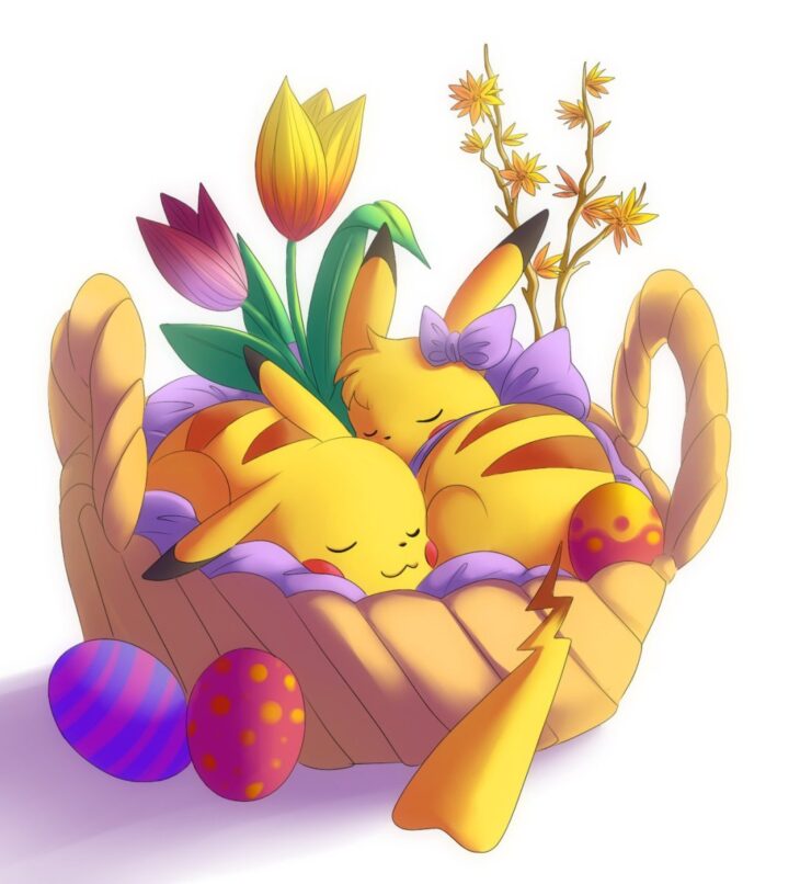 Пасхальный праздничный рисунок с Пикачу и Эви в пасхальной корзине с яйцами и цветами.