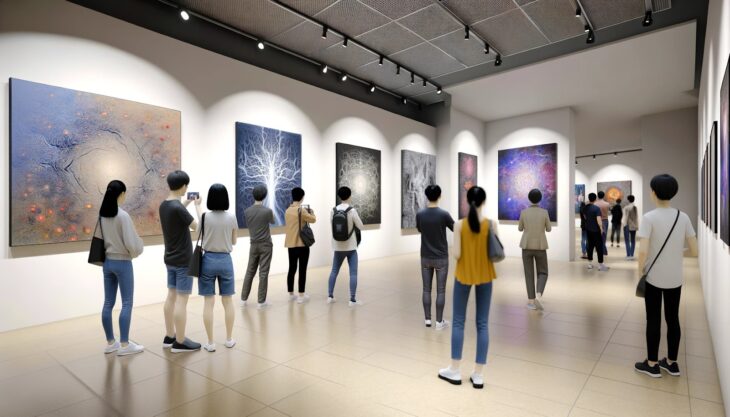 посетители галереи рассматривают современные картины
