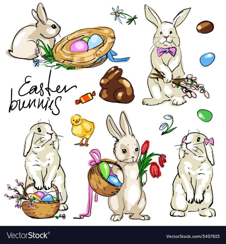 Разноцветные пасхальные зайцы с яйцами и корзиной на весеннем фоне