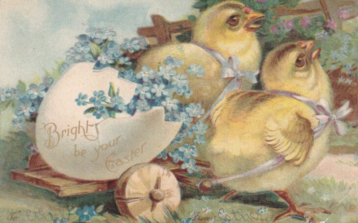 Винтажная пасхальная открытка с цыплятами и яйцом