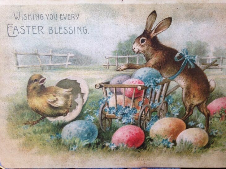 винтажная пасхальная открытка с кроликом и цыпленком