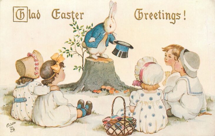 Винтажная пасхальная открытка с кроликом и детьми