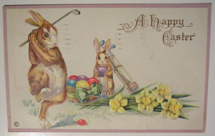 винтажная пасхальная открытка с зайцами и яйцами