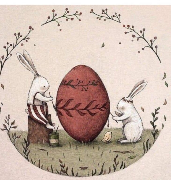 зайцы рисуют пасхальное яйцо в весеннем саду