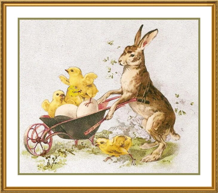 заяц толкает тележку с цыплятами в винтажном стиле