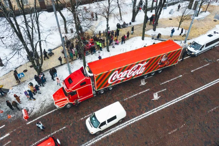 aerial view coca cola truck winter street