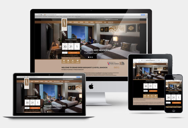 Отельский сайт, адаптивный дизайн, показан на ноутбуке, планшете и смартфоне.