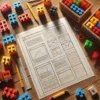 DALL·E 2025 03 27 20.32.56 A realistic top down view of a modern wooden desk. On the desk are colorful LEGO blocks scattered around, and next to them lies a hand drawn wireframe