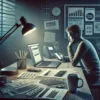 DALL·E 2025 03 27 20.39.19 A metaphorical, realistic hero image showing a freelance designer at a desk late at night, surrounded by work materials sketches, a laptop with a de