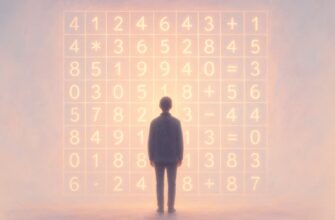 A person standing in front of a giant glowing grid of numbers and symbols