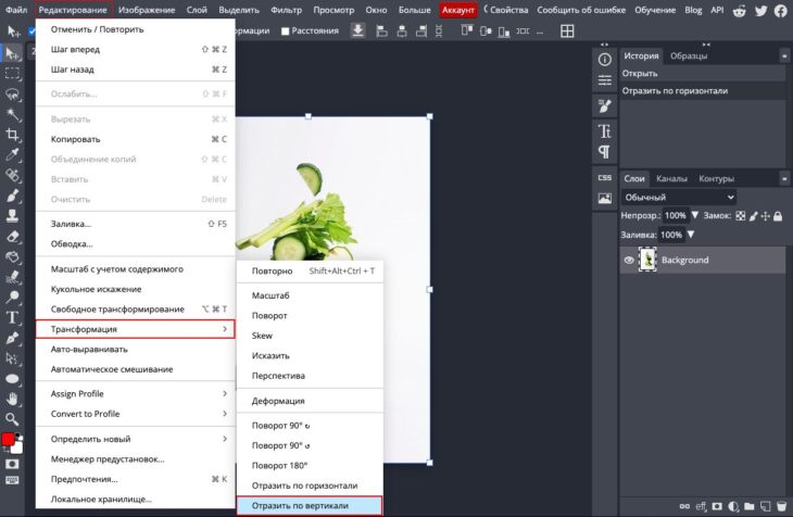 Edit → Transform → Flip Horizontal