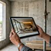 realistic POV shot of a designer’s workspace on a construction site