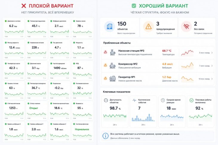 Хороший и перегруженный промышленный дашборд